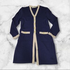 Vtg St. John Santana Knit Long Sweater Blazer Cardigan Gold Button  Navy Blue
